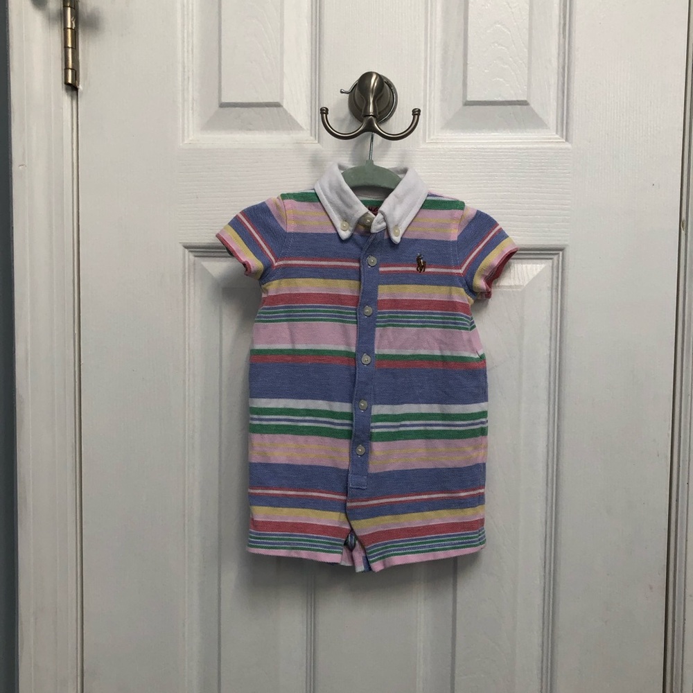Ralph Lauren Blue Multicolor Stripe Cotton Polo Button Down Romper 3 Mos